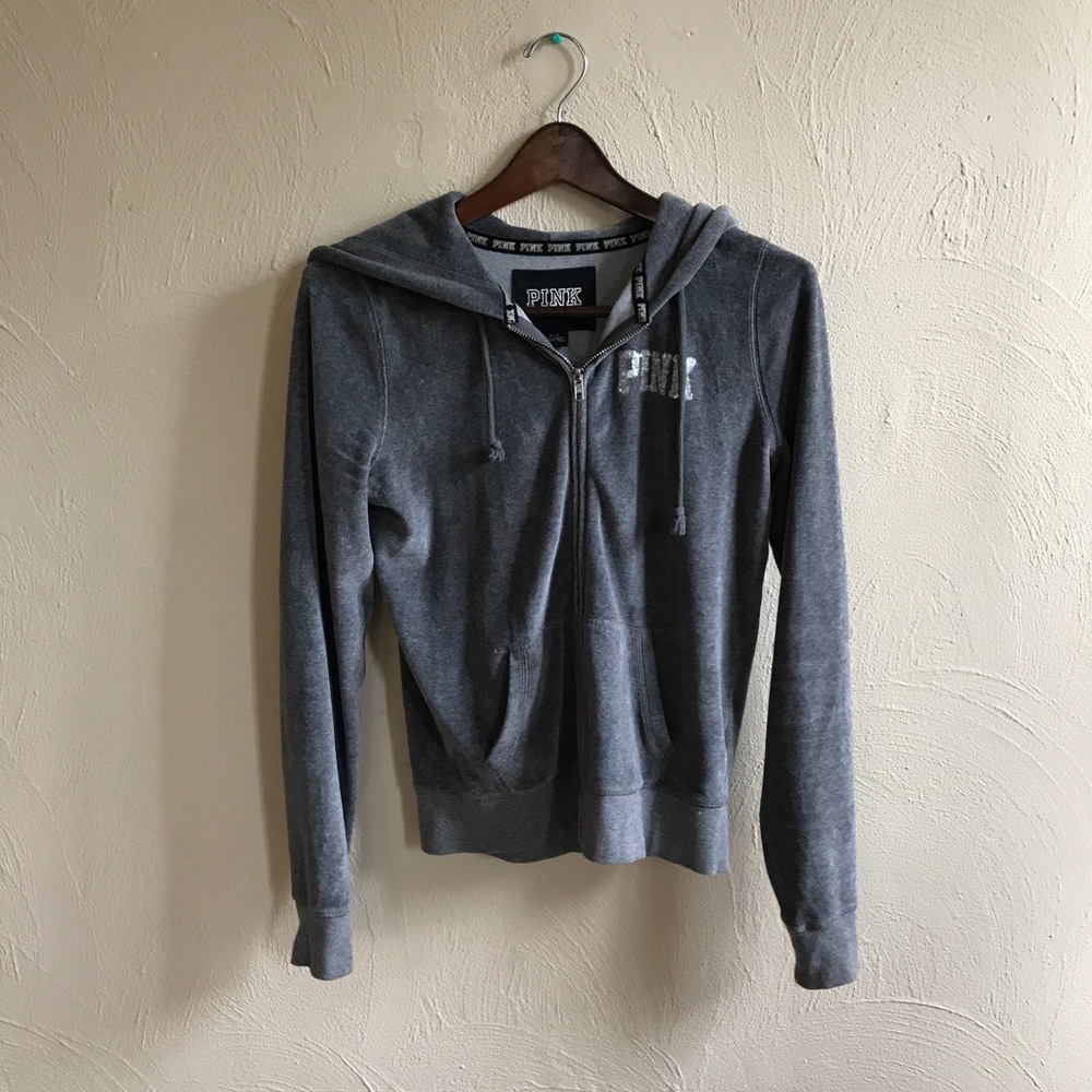 VS PINK | Gray Crushed Velvet Sequined Hoodie - Picture 7 of 8